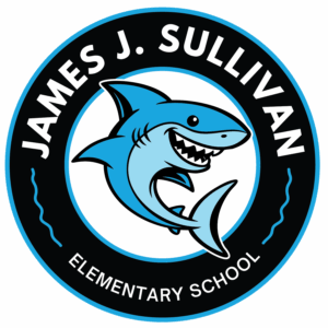 James J. Sullivan Elementary School Logo Circular logo for James J. Sullivan Elementary School featuring a smiling blue shark mascot in the center with the school name wrapped around the border.